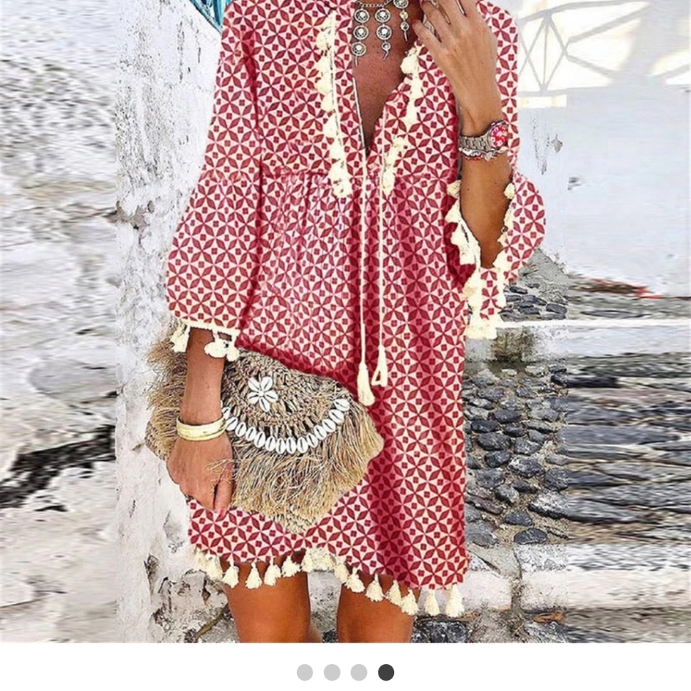 Boho Tassel Trim Red Printed Tunic Dress
